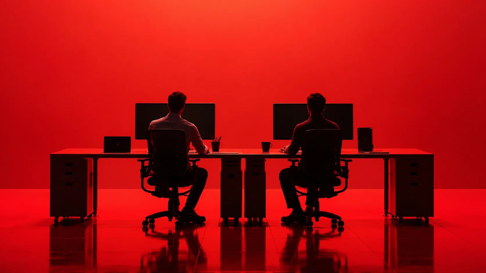 Two people working at desks in a red-lit office