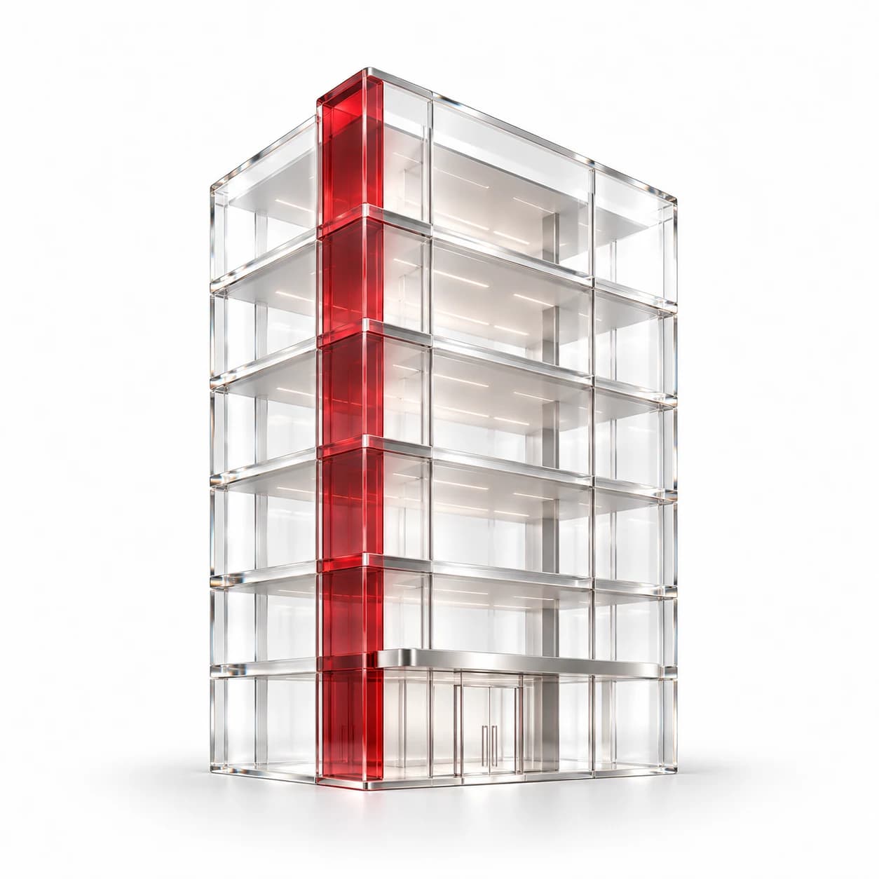 Isometric glass office building with red floors