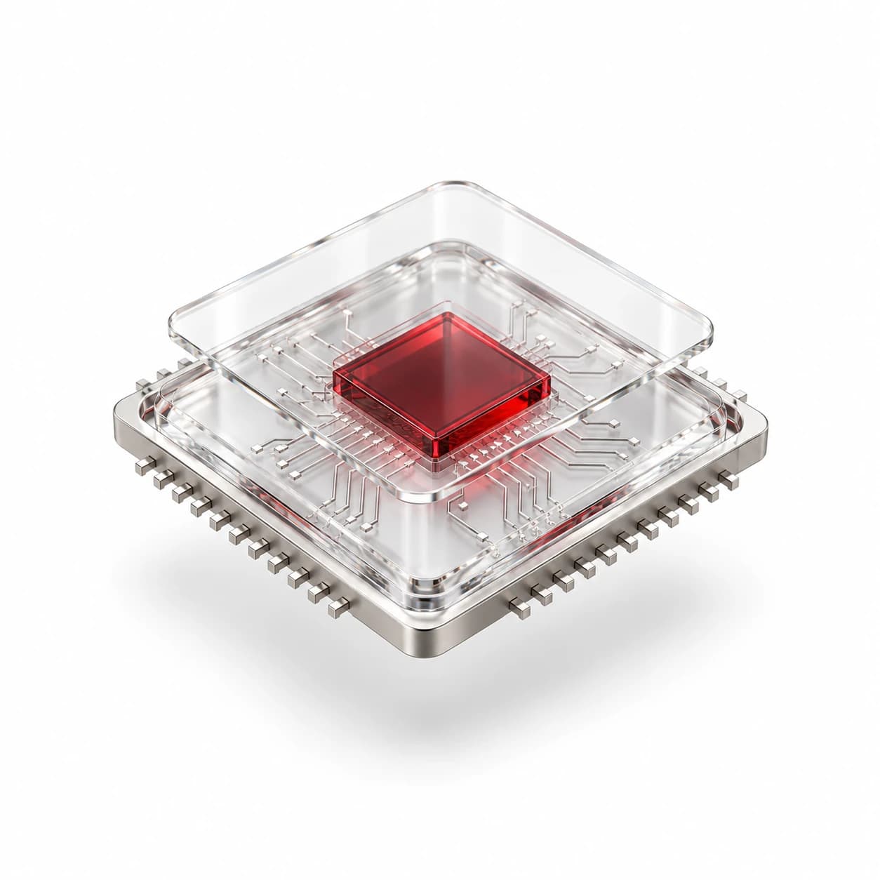 Isometric glass processor with a red chip