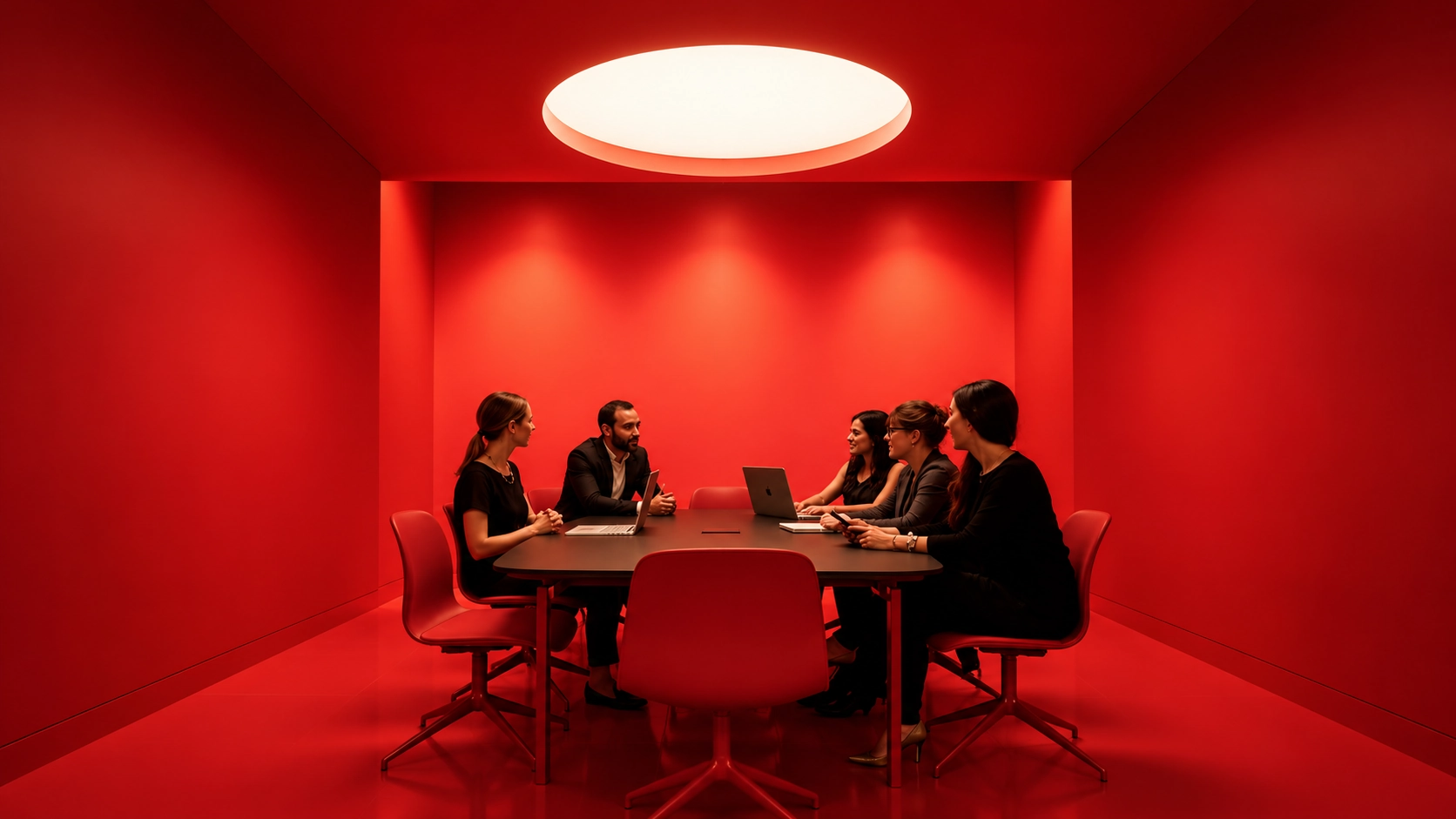 Team meeting around a table in a red room